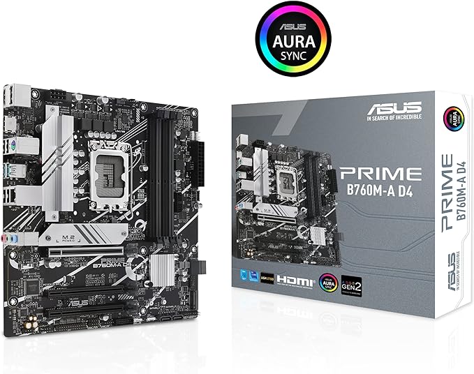 ASUS Prime B760M-A D4 Intel® B760 (LGA 1700)(13th and 12th Gen) mATX Motherboard, PCIe 4.0, 2xM.2 Slots,2.5Gb LAN, DisplayPort,Dual HDMI,Rear USB 3.2 Gen 2, Front 1 Type-C®, Aura Sync ASUS Prime B760M-A D4 Intel® B760 (LGA 1700)(13th and 12th Gen) mATX Motherboard, PCIe 4.0, 2xM.2 Slots,2.5Gb LAN, DisplayPort,Dual HDMI,Rear USB 3.2 Gen 2, Front 1 Type-C®, Aura Sync